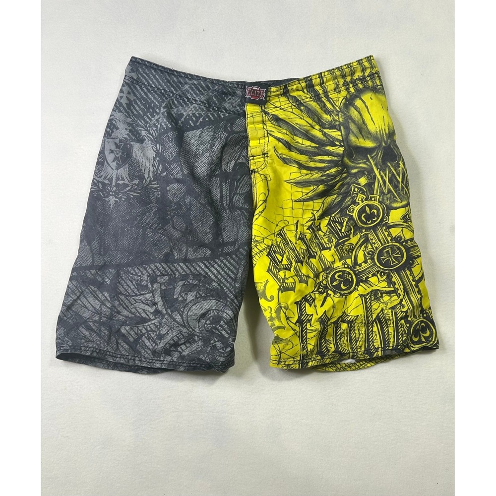 MMA Elite Board Shorts Mens 34 Yellow Grey Skull Cross Graphic MMA Training Gym